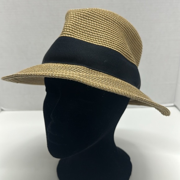 Eric Javits Fedora Packable Hat Straw Tan Brown Black Ribbon Sun Protection UPF - Picture 2 of 10